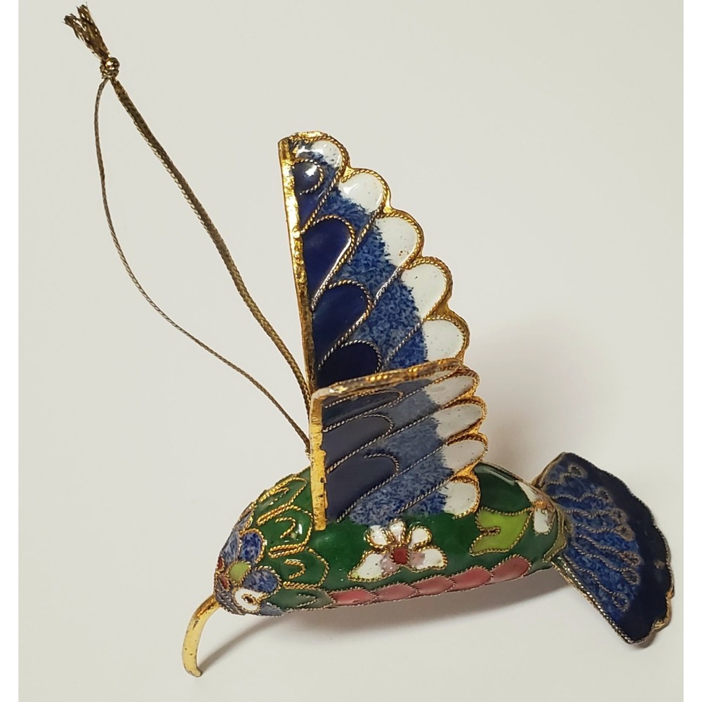 Enameled Cloisonne Christmas Ornament Hummingbird Gold Edge Feathers Multicolor - Picture 4 of 13